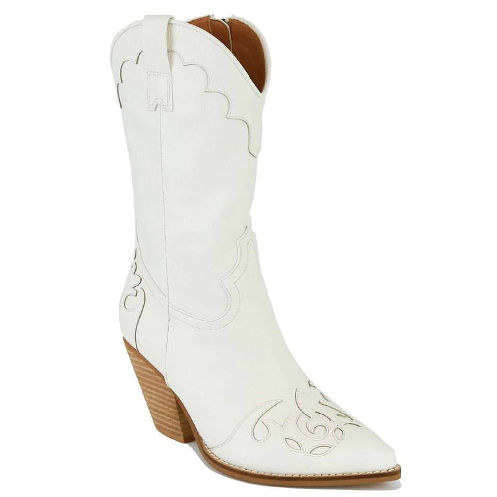 NEW White Western Cowgirl Cutout Applique Pointy Toe Block Heel Mid Calf Boots - Picture 15 of 16